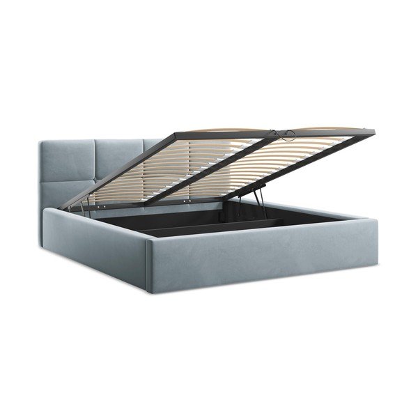 Pat matrimonial albastru deschis tapițat din catifea cu spațiu de depozitare cu somieră 140x200 cm Hiko – Makamii-image-2