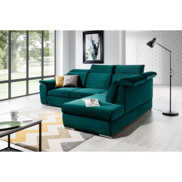 Colțar verde extensibil/cu spațiu de depozitare cu tapițerie din catifea (cu colț pe partea dreaptă/în formă de ”L”) Loreto – ELTAP-image-4