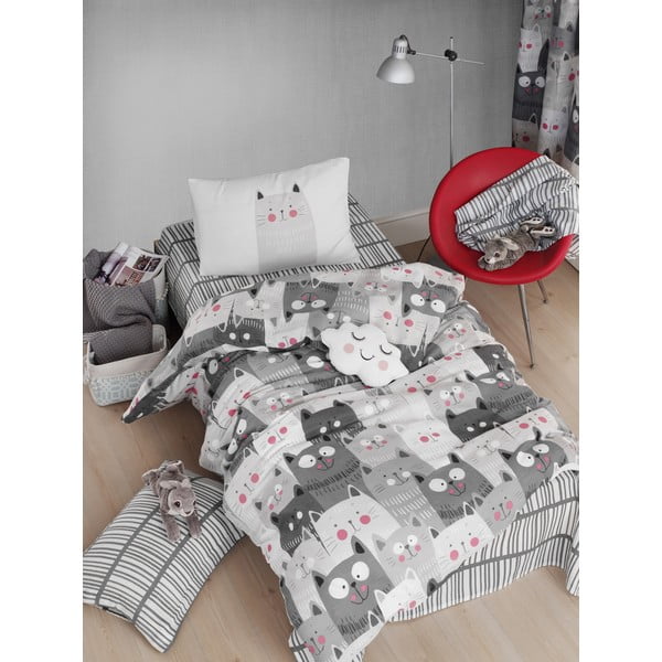 Lenjerie de pat cu cearșaf pentru pat single Eponj Home Duvarda Kediler Grey, 160 x 220 cm