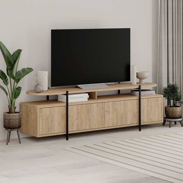 Masă TV în culoare naturală cu aspect de lemn de stejar 160x48 cm Hinoa – Marckeric-image-4