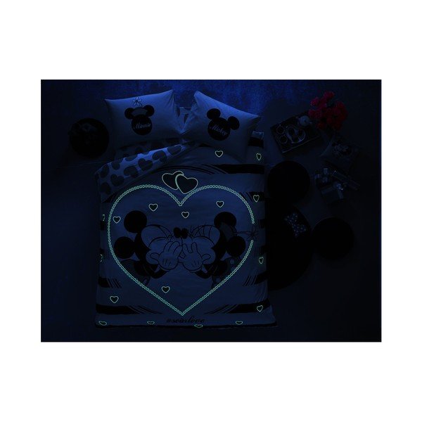 Lenjerie de pat cu cearșaf din bumbac, pentru pat dublu Tac Mickey & Minnie Amour, 200 x 220 cm-image-1