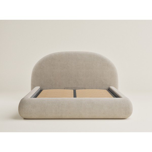 Pat matrimonial bej tapițat cu spațiu de depozitare cu somieră 160x200 cm Maumere – Maison de Rêve-image-2