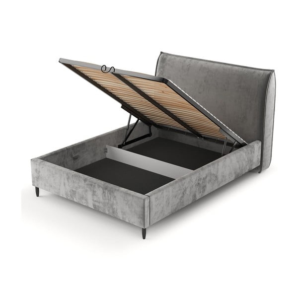 Pat matrimonial gri tapițat cu spațiu de depozitare cu somieră 140x200 cm Shell – Maison de Rêve-image-4