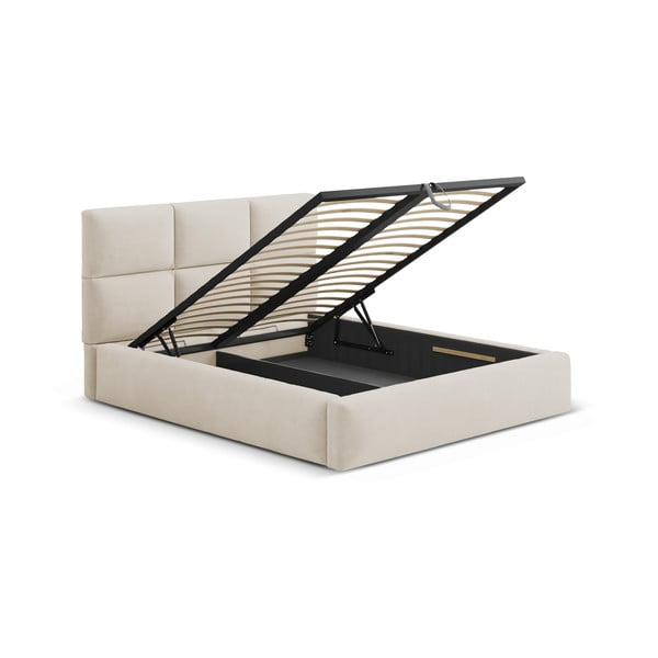 Pat matrimonial bej tapițat cu spațiu de depozitare cu somieră 160x200 cm Libera – Windsor & Co Sofas-image-2