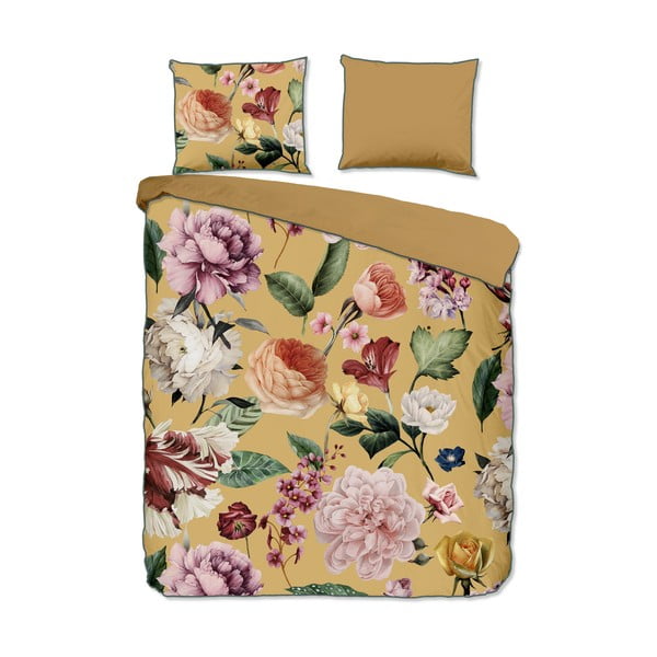 Lenjerie de pat galben ocru din bumbac satinat pentru pat dublu, extinsă 240x220 cm Fiori – Descanso