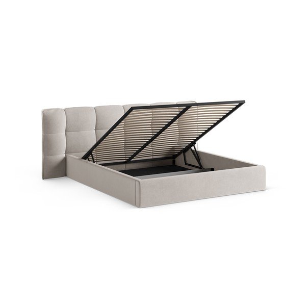 Pat matrimonial bej tapițat cu spațiu de depozitare cu somieră 180x200 cm Eric – Micadoni -image-2