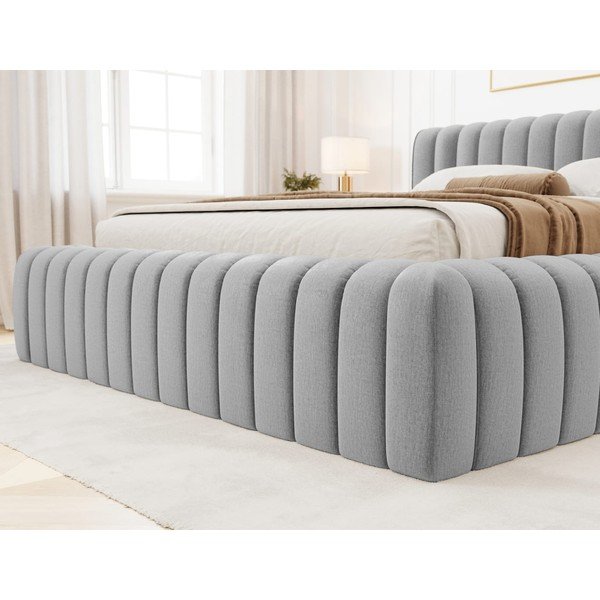 Pat matrimonial gri deschis tapițat cu spațiu de depozitare cu somieră 160x200 cm Carilla – ELTAP-image-3