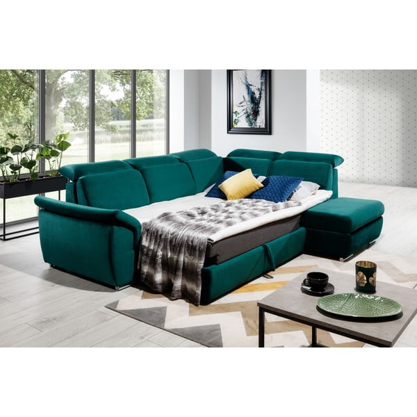 Colțar verde extensibil/cu spațiu de depozitare cu tapițerie din catifea (cu colț pe partea dreaptă/în formă de ”L”) Loreto – ELTAP-image-3