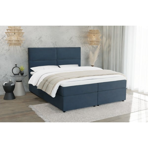 Pat boxspring albastru închis cu spațiu de depozitare 200x200 cm Rico – Ropez-image-1