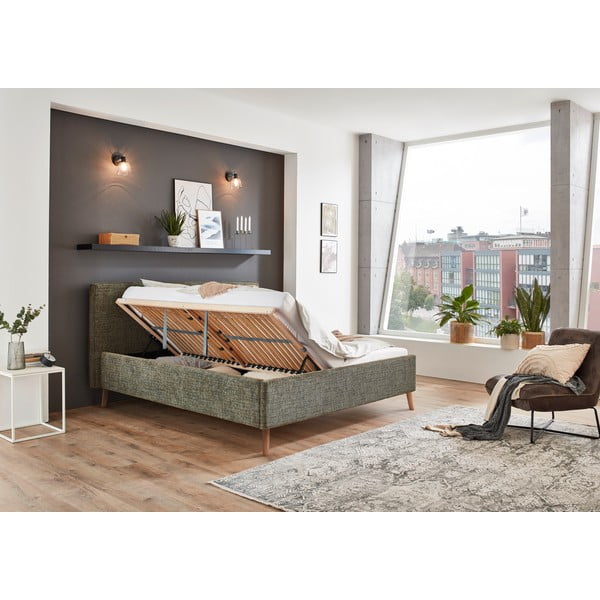 Pat matrimonial verde închis tapițat cu spațiu de depozitare cu somieră 160x200 cm Riva – Meise Möbel-image-3