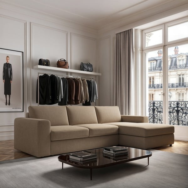 Colțar maro deschis cu tapițerie din catifea (cu colț pe partea dreaptă, cu șezlong) Baga – Rodier-image-1