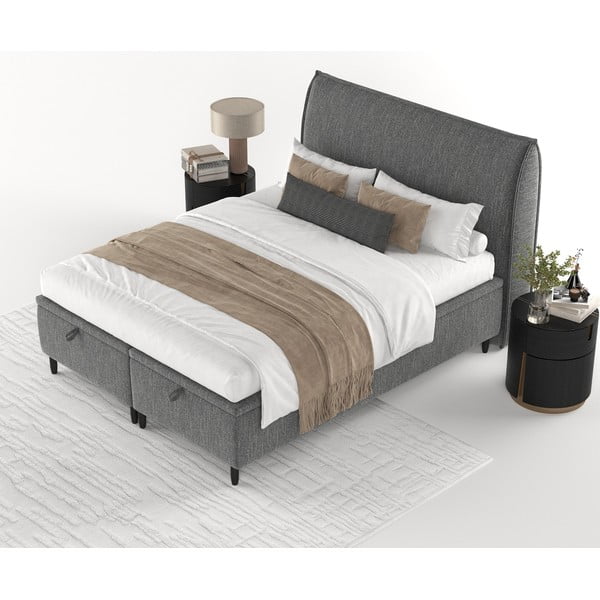 Pat matrimonial gri tapițat cu spațiu de depozitare 200x200 cm Pearl – Maison de Rêve-image-4