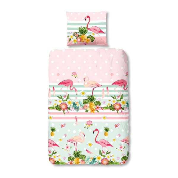 Lenjerie de pat din bumbac pentru copii Good Morning Flamingo, 135 x 200 cm