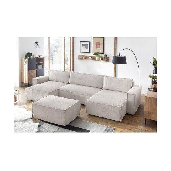 Taburet bej cu tapițerie din catifea reiată Nihad – Bobochic Paris-image-1