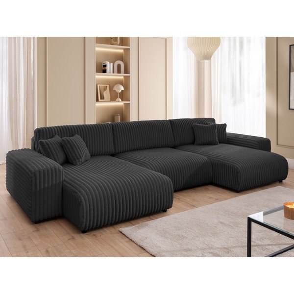 Colțar gri închis extensibil/cu spațiu de depozitare cu tapițerie din catifea reiată  (în formă de "U") Sarina – Ropez-image-4