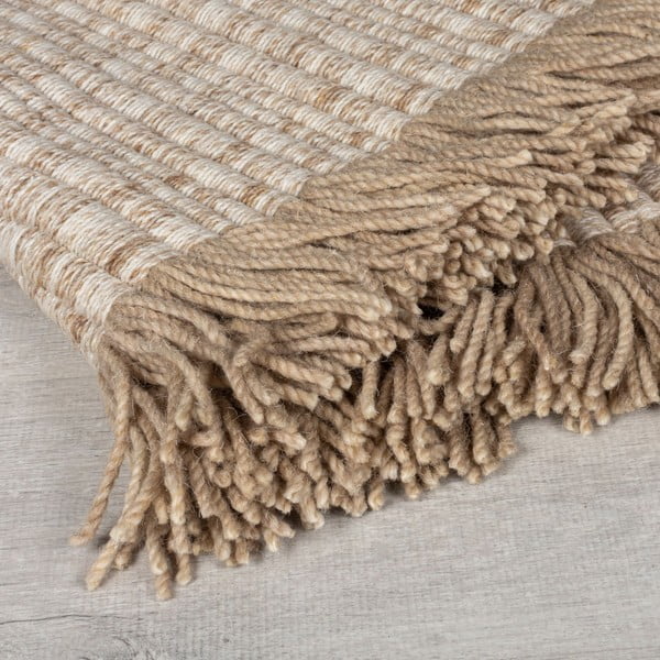 Covor bej țesut manual din amestesc de lână 120x170 cm Rene Fringed Ribbed – Flair Rugs-image-2