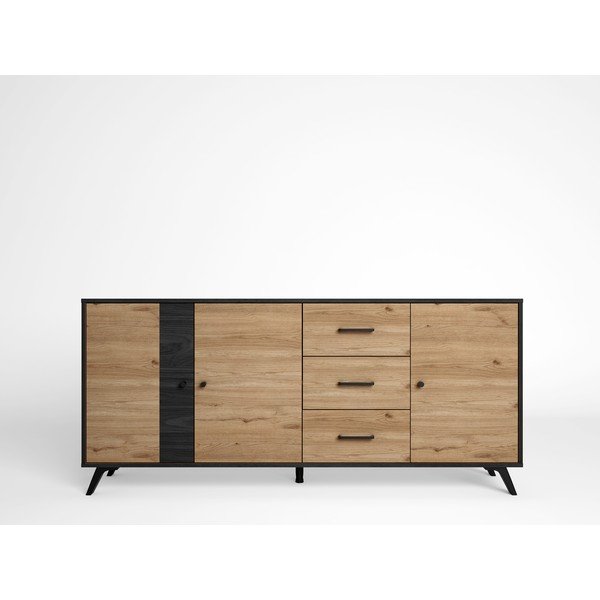 Comodă negru/natural  joasă cu aspect de lemn de stejar 181x81 cm Bocami – Marckeric-image-1