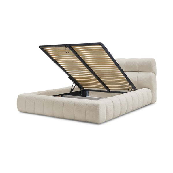 Pat matrimonial bej tapițat cu spațiu de depozitare cu somieră 180x200 cm Mont Blanc – Bobochic Paris-image-4