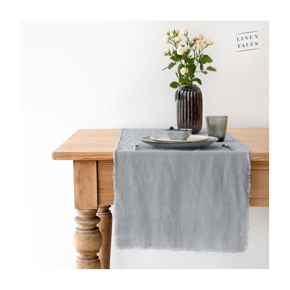 Napron gri deschis din in 200x40 cm - Linen Tales