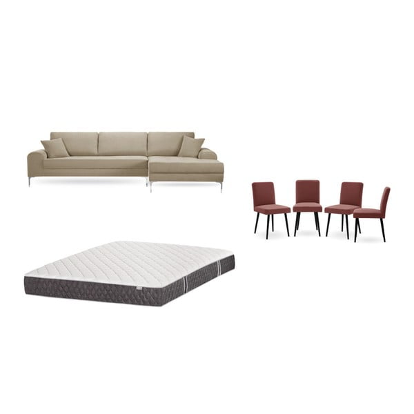 Set canapea taupe cu șezlong pe partea dreaptă, 4 scaune roșu cărămiziu și saltea 160 x 200 cm Home Essentials