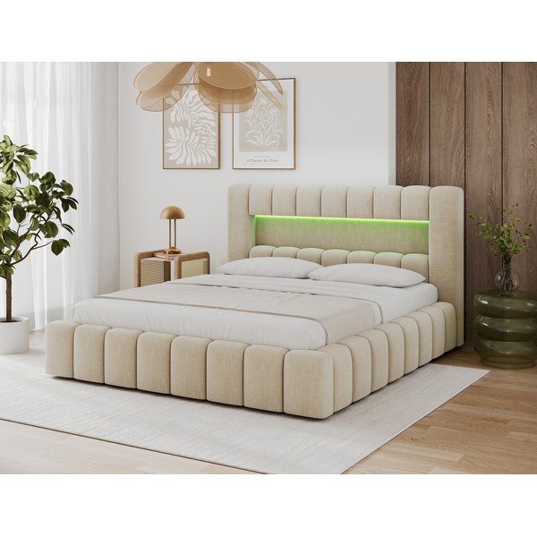 Pat matrimonial bej tapițat cu spațiu de depozitare cu somieră 140x200 cm Lamica – ELTAP-image-1