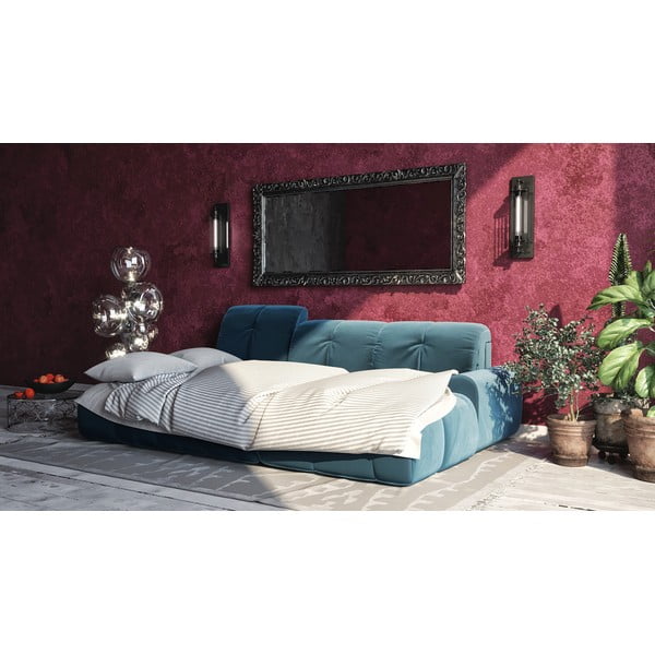 Canapea extensibilă din catifea cu șezlong pe partea stângă devichy Tous, albastru închis-image-1