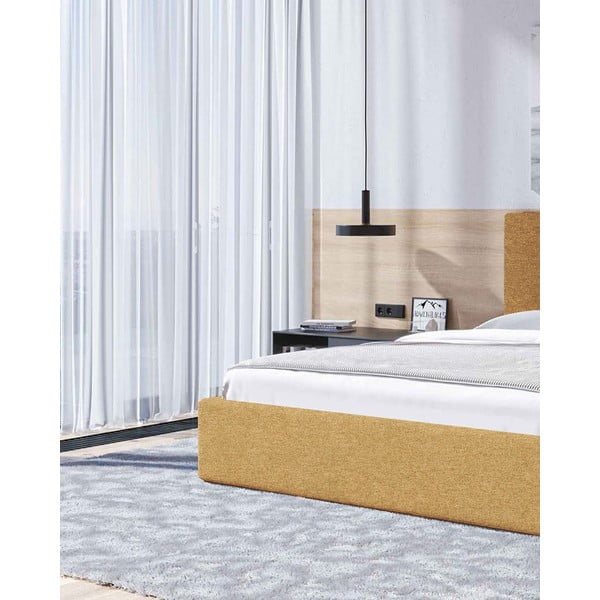 Pat matrimonial galben ocru tapițat cu spațiu de depozitare cu somieră 160x200 cm Bufo – MESONICA-image-4