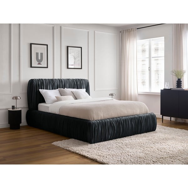 Pat matrimonial albastru deschis tapițat cu spațiu de depozitare cu somieră 180x200 cm Blair – Bobochic Paris-image-1