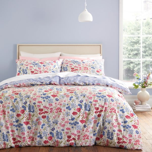 Lenjerie de pat albastră/roz din bumbac pentru pat dublu 200x200 cm Olivia Floral – Bianca