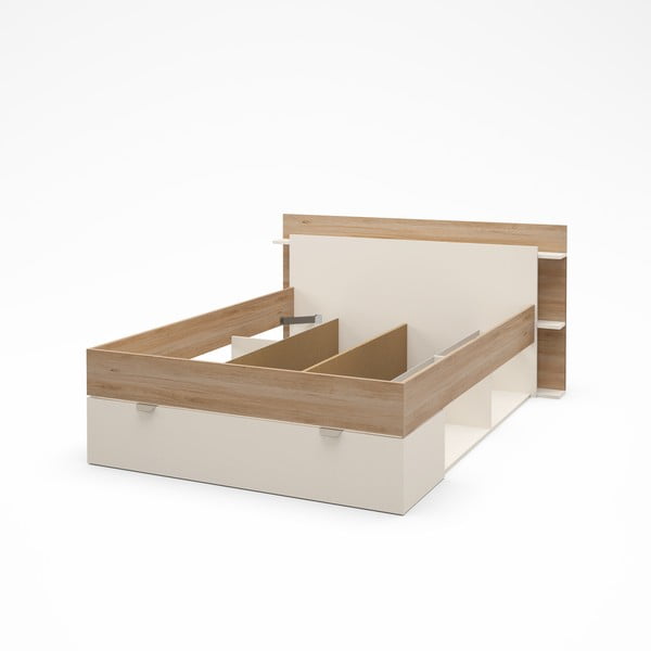 Pat matrimonial alb/în culoare naturală cu aspect de lemn de stejar cu spațiu de depozitare fără somieră 140x190 cm Albo – Marckeric-image-3