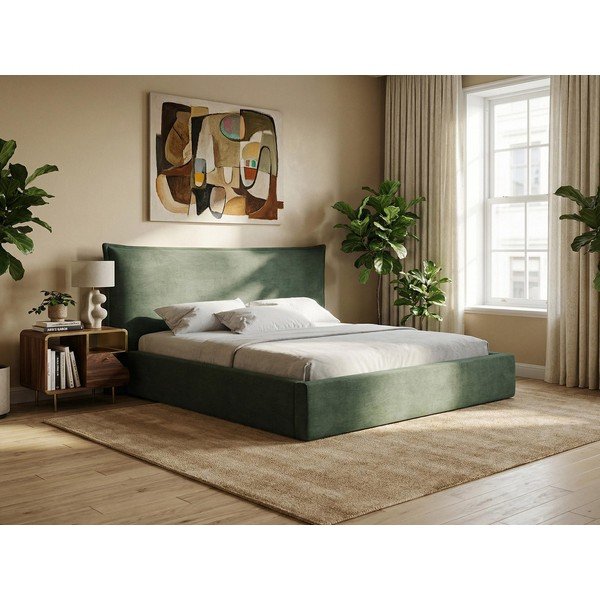 Pat matrimonial albastru tapițat cu spațiu de depozitare cu somieră 160x200 cm Esala – Makamii-image-1