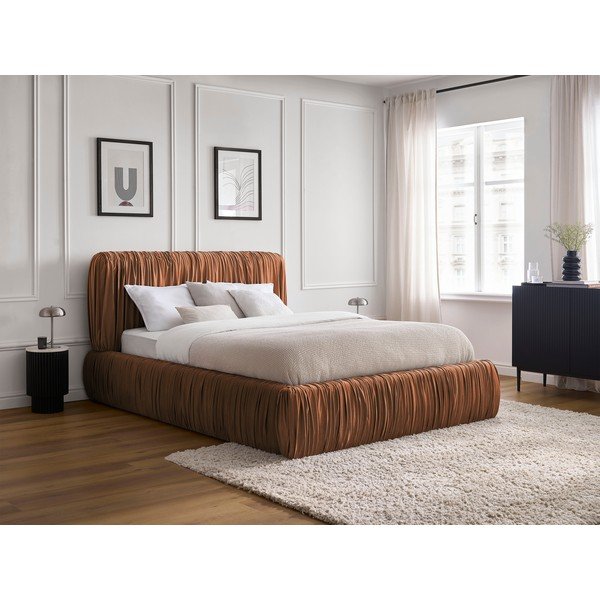 Pat matrimonial portocaliu tapițat cu spațiu de depozitare cu somieră 160x200 cm Blair – Bobochic Paris-image-1