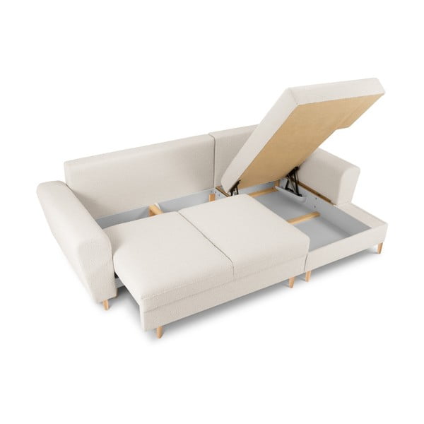 Colțar bej extensibil, cu spațiu de depozitare cu tapițerie din țesătură bouclé (cu colț pe partea dreaptă, cu șezlong) Kyoto – Cosmopolitan Design-image-3