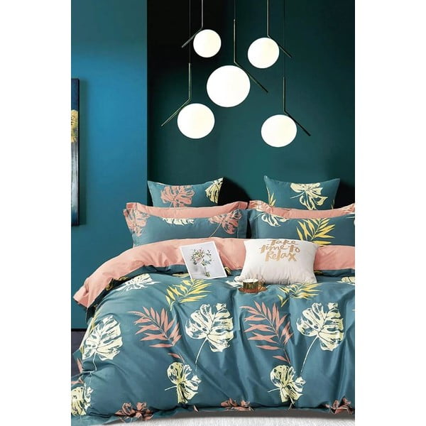 Lenjerie de pat în culoarea petrolului pentru pat dublu/extinsă cu cearceaf inclus/cu 4 piese 200x220 cm Leaf – Mila Home