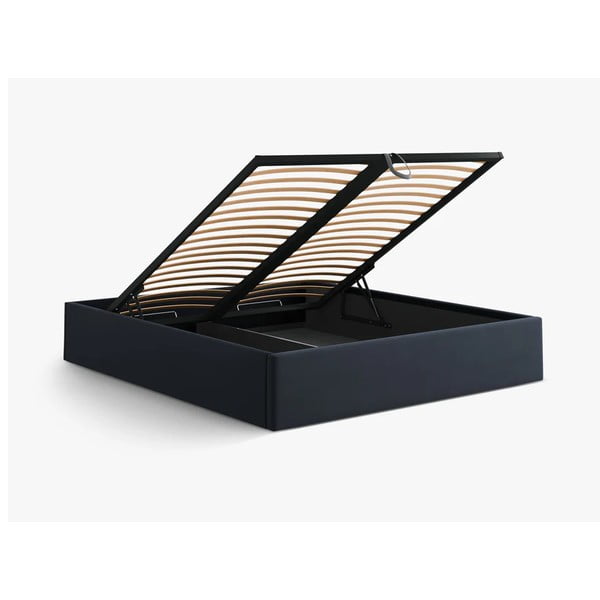 Pat matrimonial albastru închis tapițat cu spațiu de depozitare/fără tăblie cu somieră 180x200 cm Susan – Micadoni -image-3