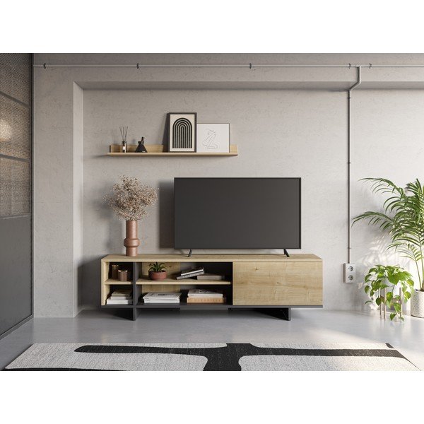Masă TV în culoare naturală cu aspect de lemn de stejar 160x44 cm Cequoia – Marckeric-image-1