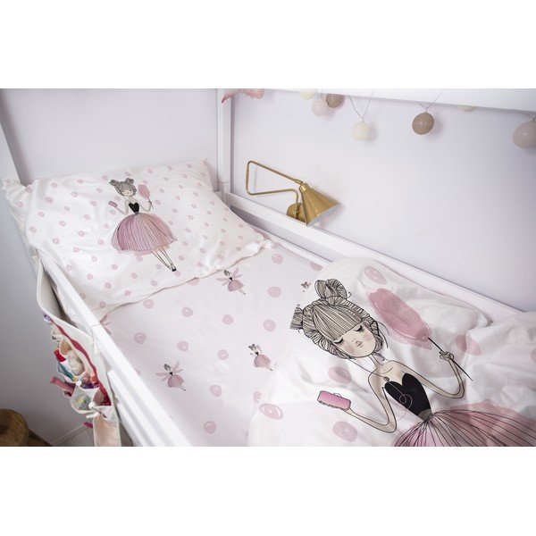 Cearceaf pentru copii alb-roz din bumbac satinat pentru pat de o persoană cu elastic 90x200 cm Pink Girl – Butter Kings-image-1
