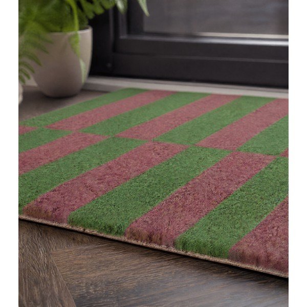 Covoraș de intrare din fibre de nucă de cocos 40x60 cm Pink & Green Half Stripes – Artsy Doormats-image-3