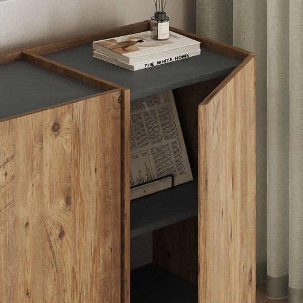 Comodă în culoare naturală cu aspect de lemn de pin cu orificiu pentru cabluri 180x80x45 cm Dorma – Kalune Design-image-4