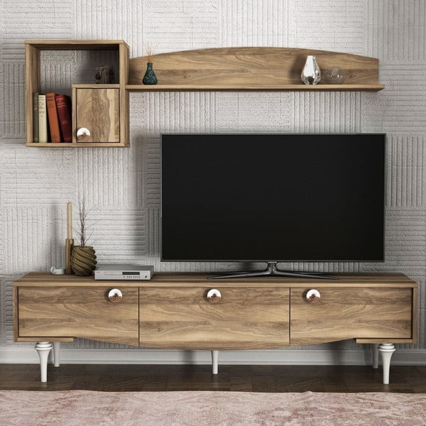 Set comodă TV și dulap de perete cu aspect de lemn de nuc Tera Home Kumsal, natural