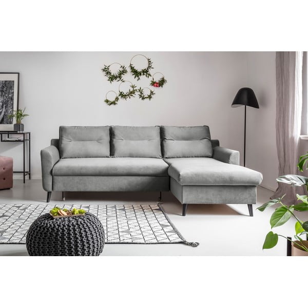 Colțar extensibil din catifea cu șezlong pe partea dreaptă Miuform Stylish Stan, gri deschis-image-1