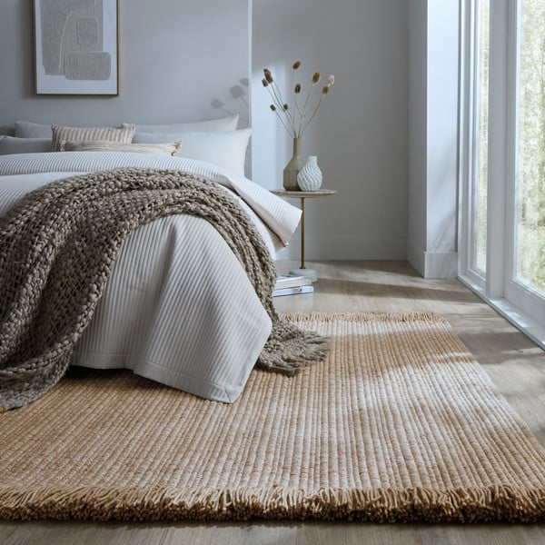Covor bej țesut manual din amestesc de lână 120x170 cm Rene Fringed Ribbed – Flair Rugs-image-1