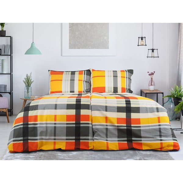 Lenjerie de pat portocalie din țesătură crep pentru pat de o persoană 140x200 cm Orabge Kube – B.E.S.