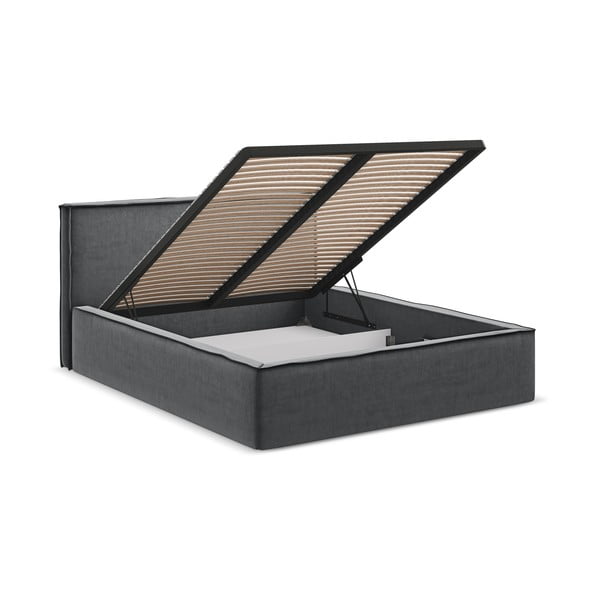 Pat matrimonial gri închis tapițat cu spațiu de depozitare cu somieră 180x200 cm Anani – Makamii-image-2