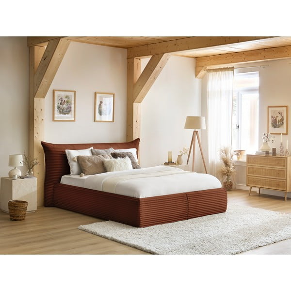 Pat matrimonial cărămiziu tapițat cu spațiu de depozitare cu somieră 160x200 cm Jade – Bobochic Paris-image-1
