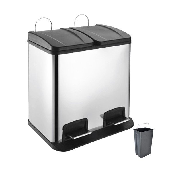 Coș de gunoi argintiu lucios de reciclat/cu pedală 2x20 l din oțel inoxidabil Duo – Orion