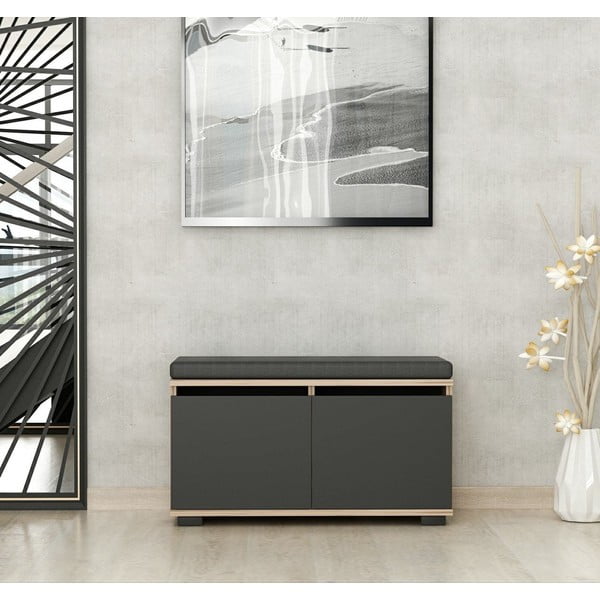 Pantofar negru/în culoare naturală cu bancă cu aspect de lemn de nuc Drago – Kalune Design-image-2