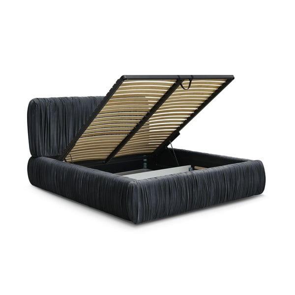 Pat matrimonial albastru deschis tapițat cu spațiu de depozitare cu somieră 180x200 cm Blair – Bobochic Paris-image-3