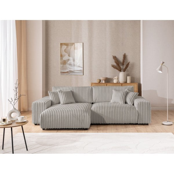 Colțar gri deschis extensibil, cu spațiu de depozitare, cu tapițerie din catifea reiată  (cu colț pe partea stângă) Sarina – Ropez-image-1