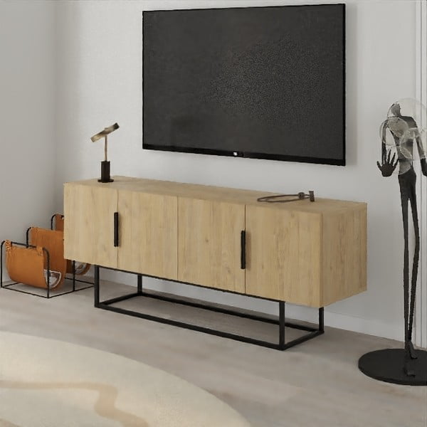 Masă TV în culoare naturală cu aspect de lemn de stejar 140x55 cm Titan – Marckeric-image-1